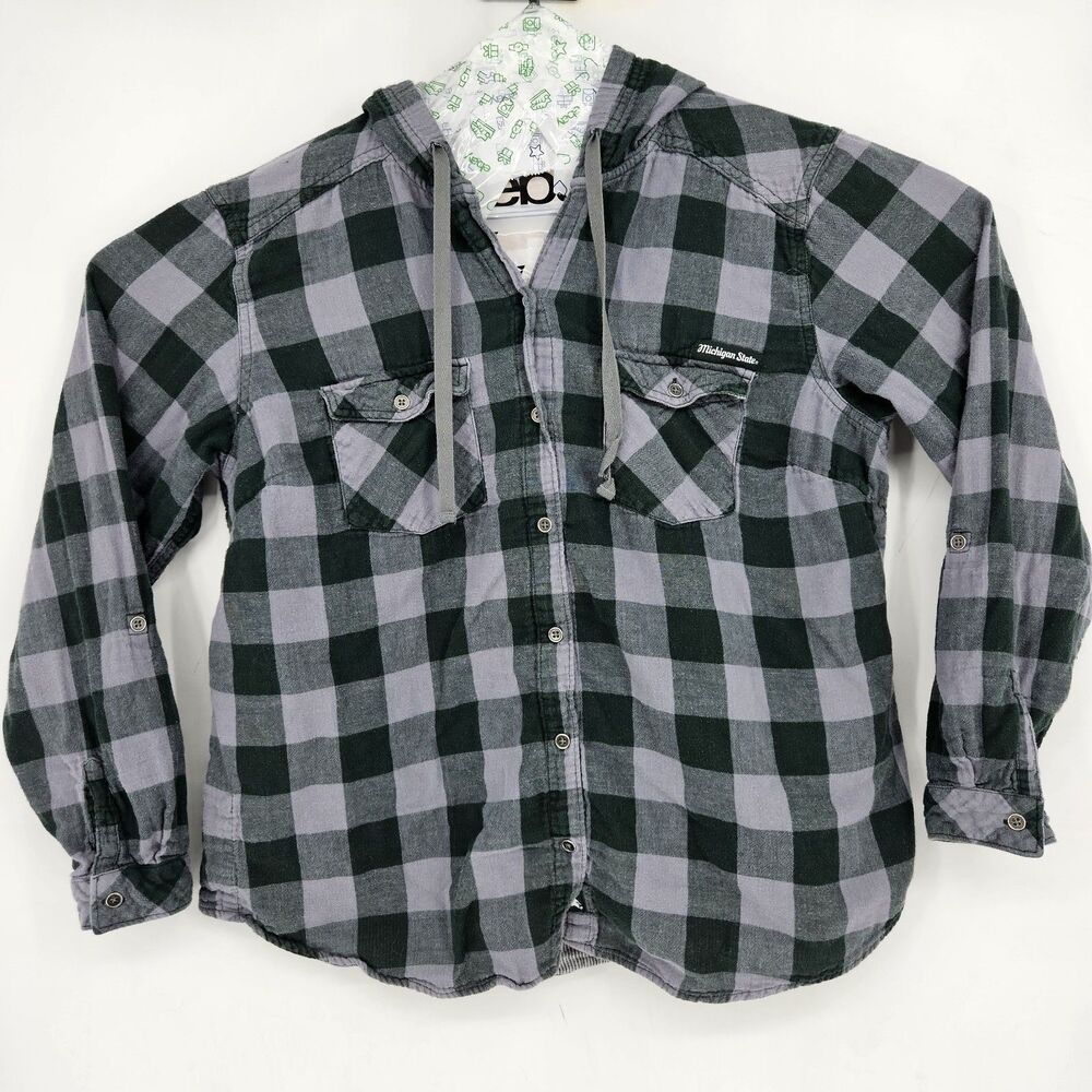 Michigan State Hoodie Womens 1X MSU Lined Long Sleeve Green‎ Gray Check